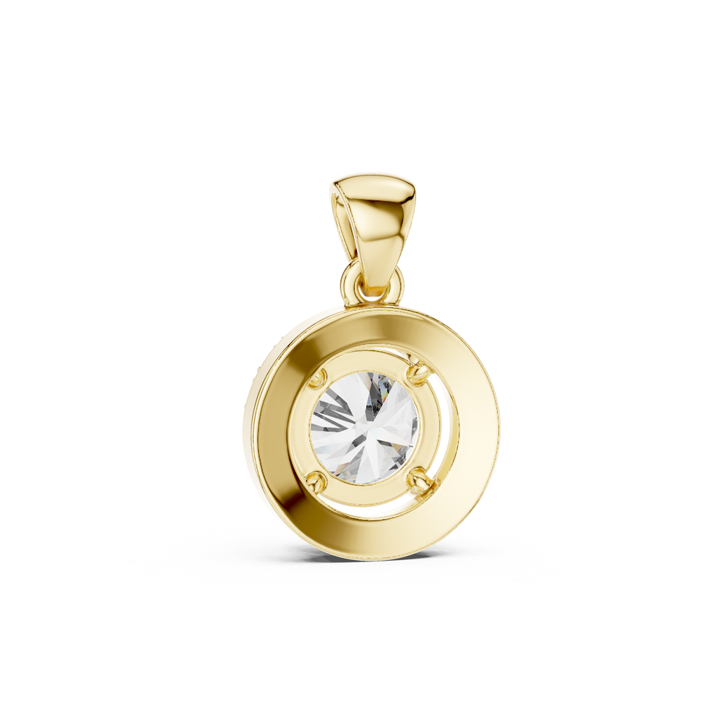 Back view of yellow gold round diamond halo pendant with open gallery design