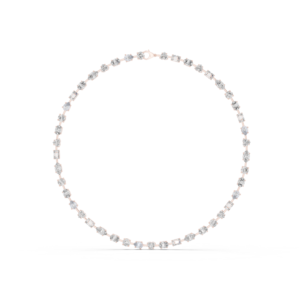Top side perspective of full multi shape diamond necklace in rose gold designed to sit naturally along neckline