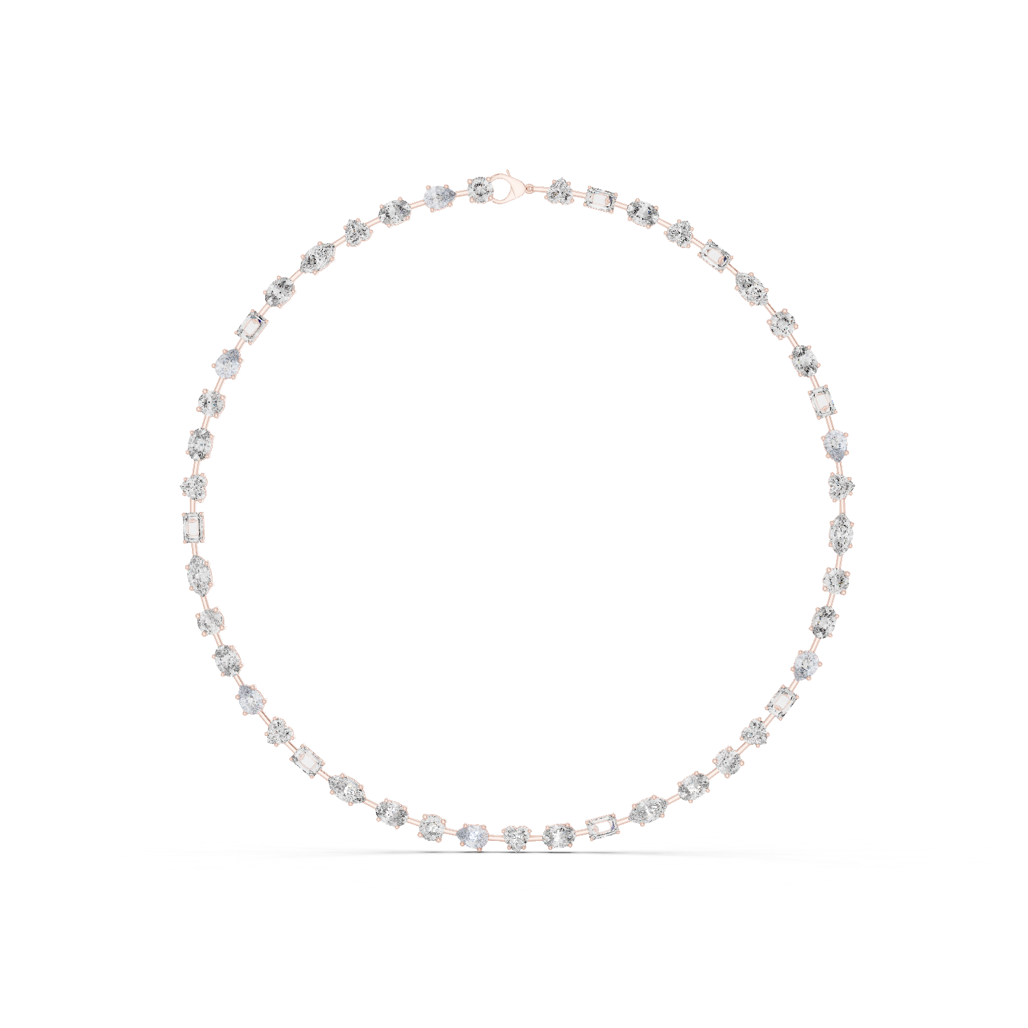 Top side perspective of full multi shape diamond necklace in rose gold designed to sit naturally along neckline