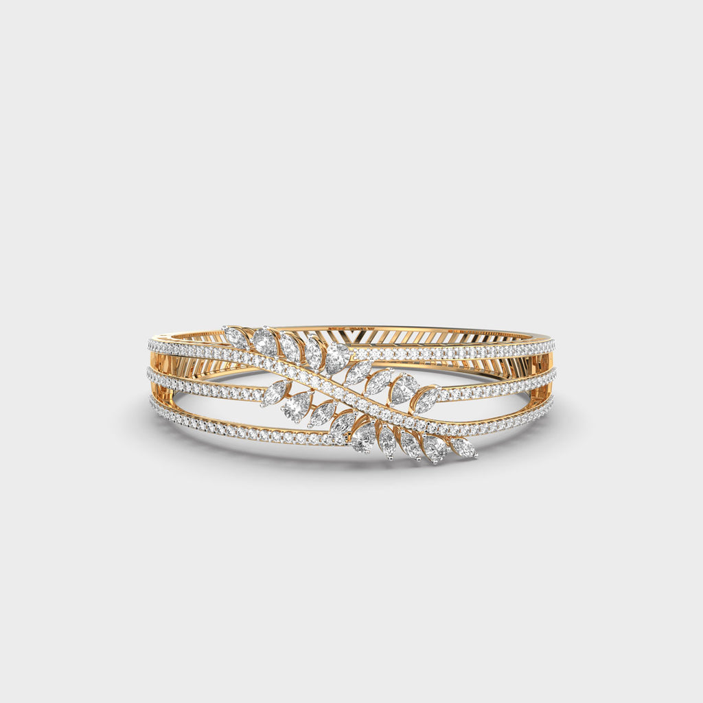 Yellow gold leaf diamond bracelet front angle with sparkling marquise diamonds and fine pavé rows – PBD Luxury Jewellery