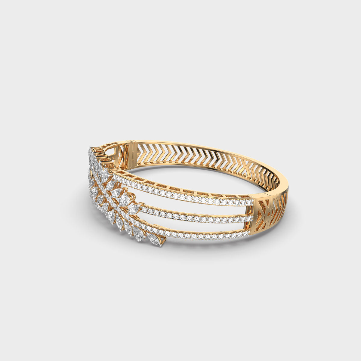 Yellow gold leaf diamond bracelet side angle with marquise lab-grown diamonds and pavé triple bands – PBD Luxury Jewellery