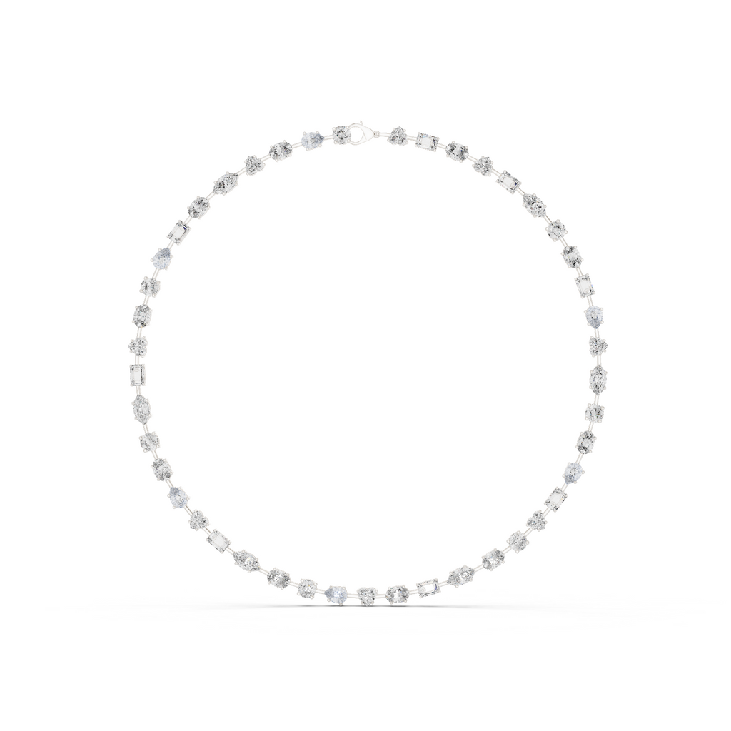 Close-up front angle of multi shape diamond necklace in white gold showcasing contrast of round and fancy cut diamonds