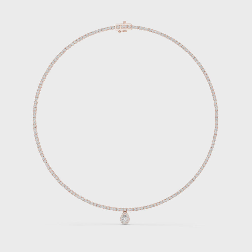 360 degree video of rose gold pear diamond necklace from all angles