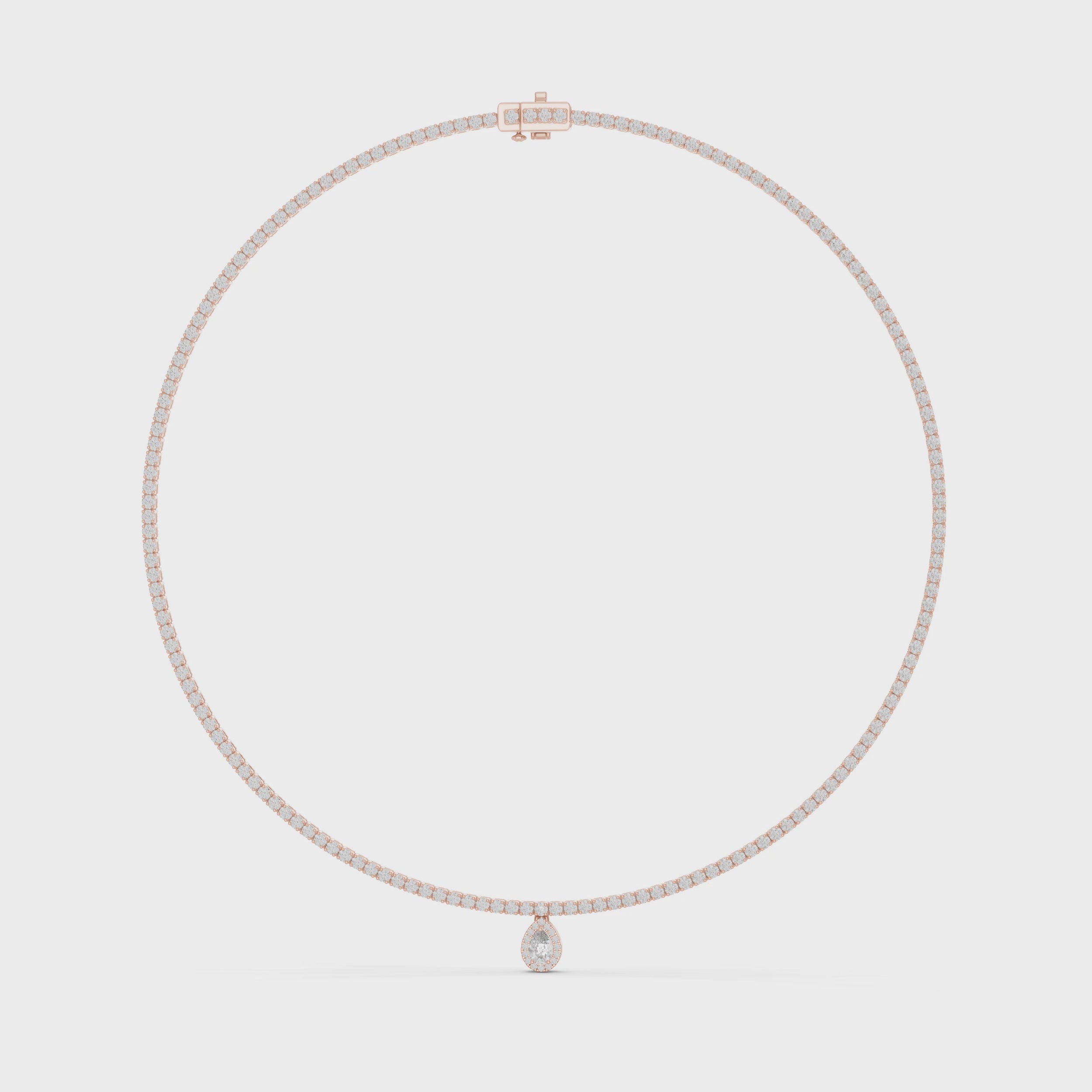 360 degree video of rose gold pear diamond necklace from all angles