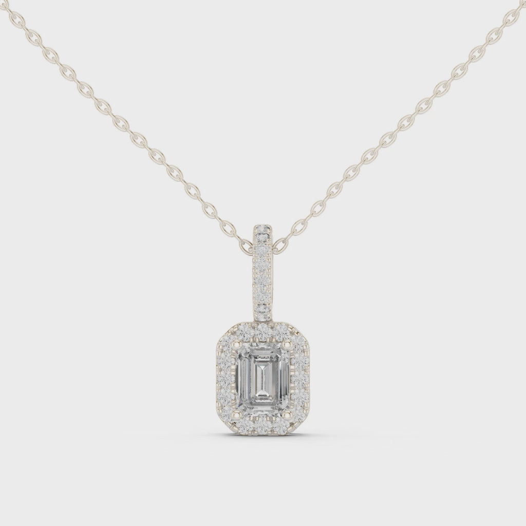 360 view emerald halo diamond pendant in White gold