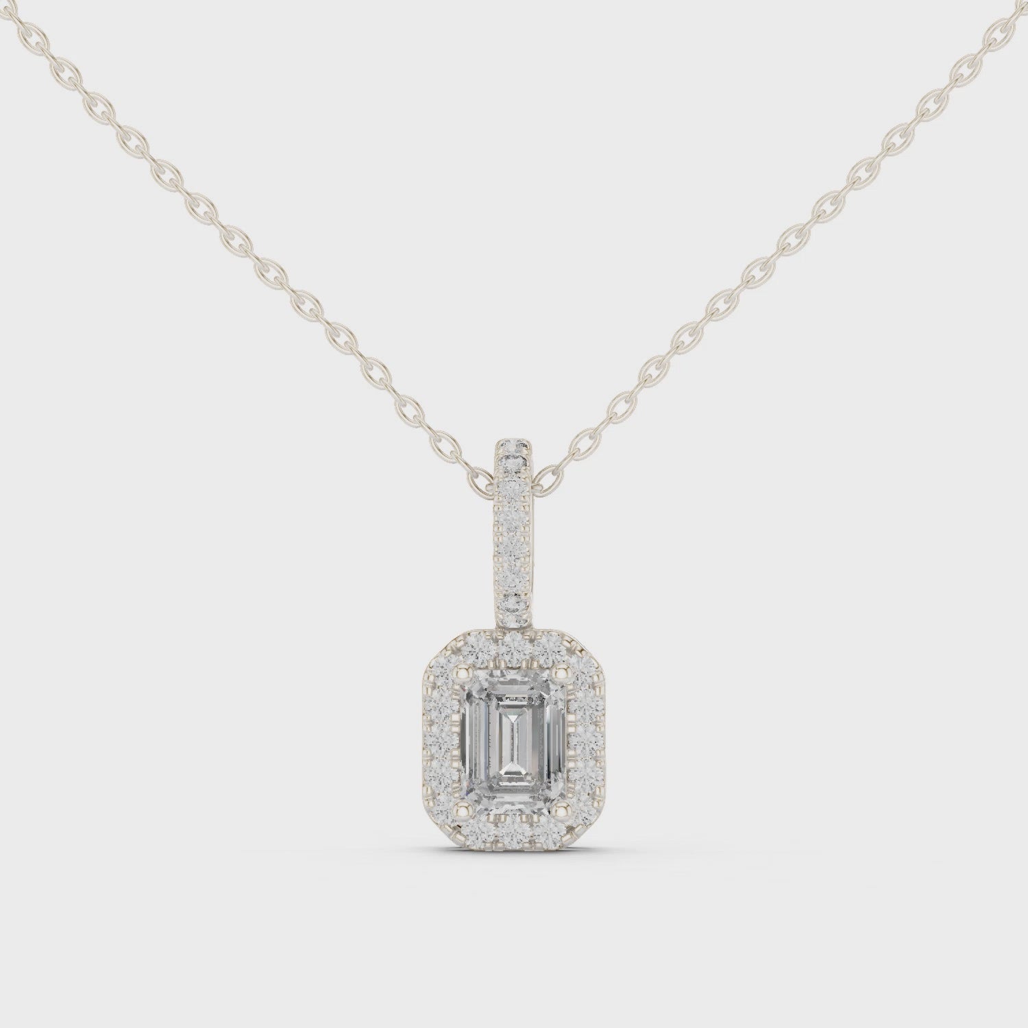 360 view emerald halo diamond pendant in White gold