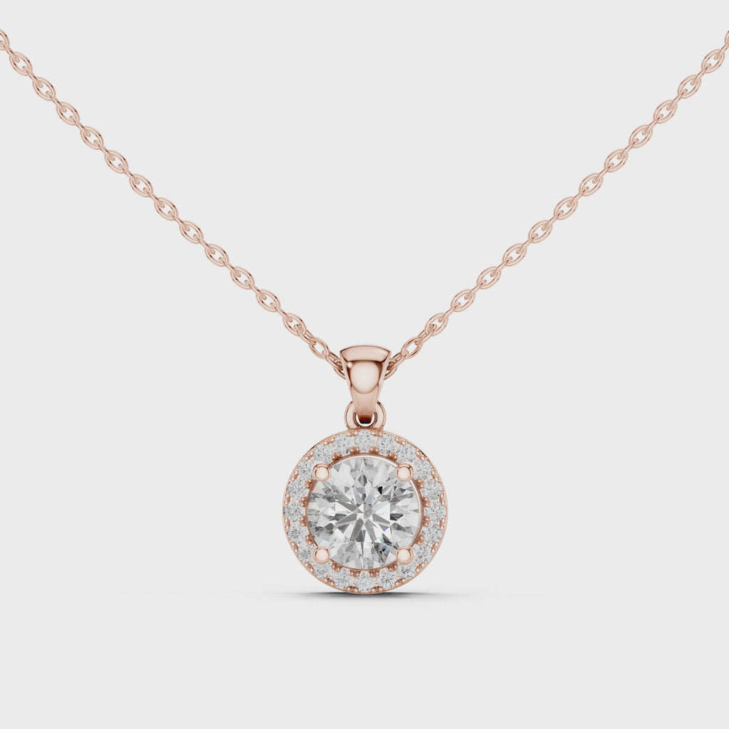360 degree video view of rose gold round diamond halo pendant from all angles