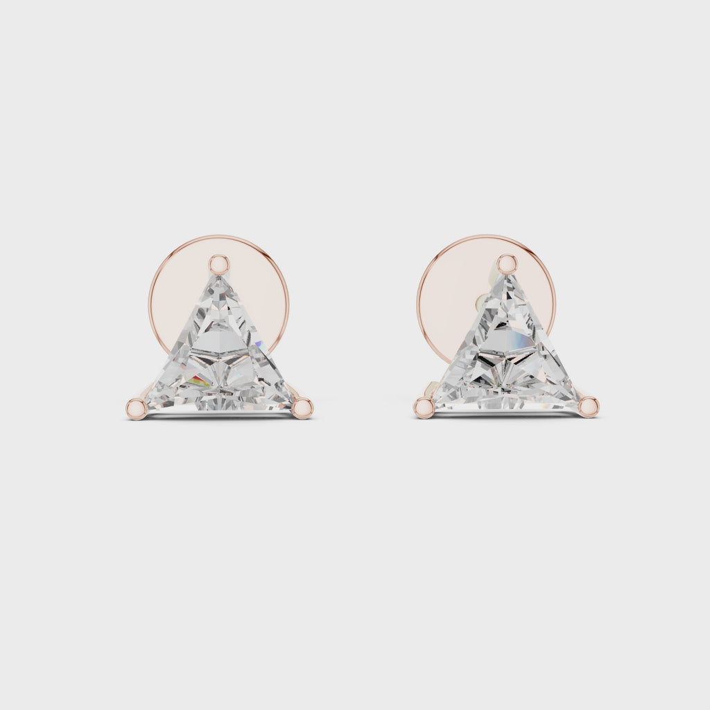 360 degree rotating video of trillion cut diamond stud earrings in rose gold