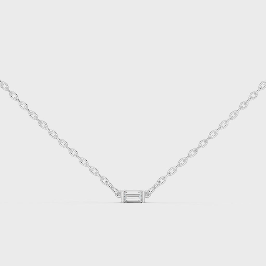 360 degree rotation of Linea baguette diamond pendant in white gold displaying precision setting and sparkle