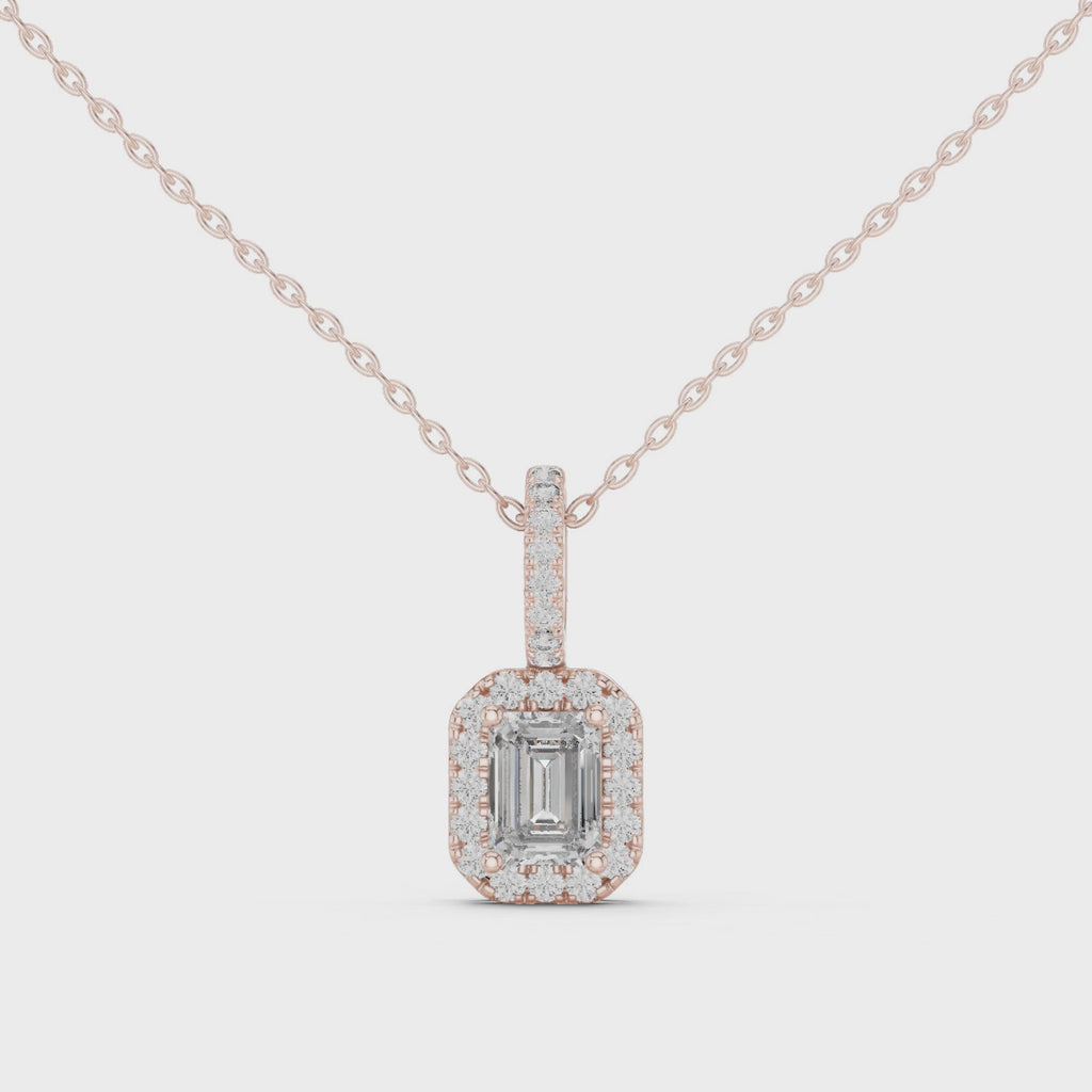 360 view emerald halo diamond pendant in rose gold