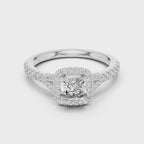 Cushion halo solitaire diamond ring crafted in white gold with pavé diamond band