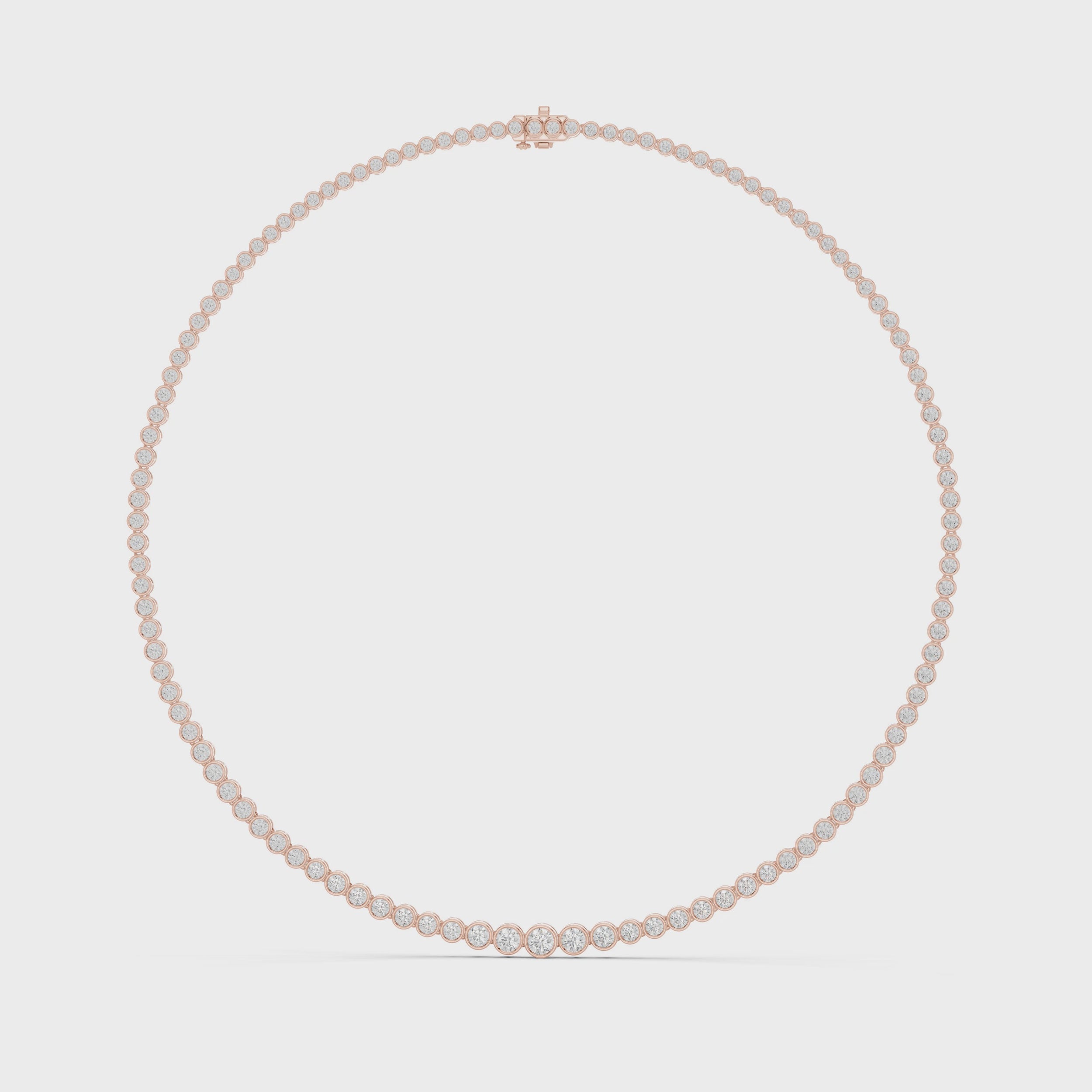360 degree rotating video of graduated bezel diamond tennis necklace in rose gold finish