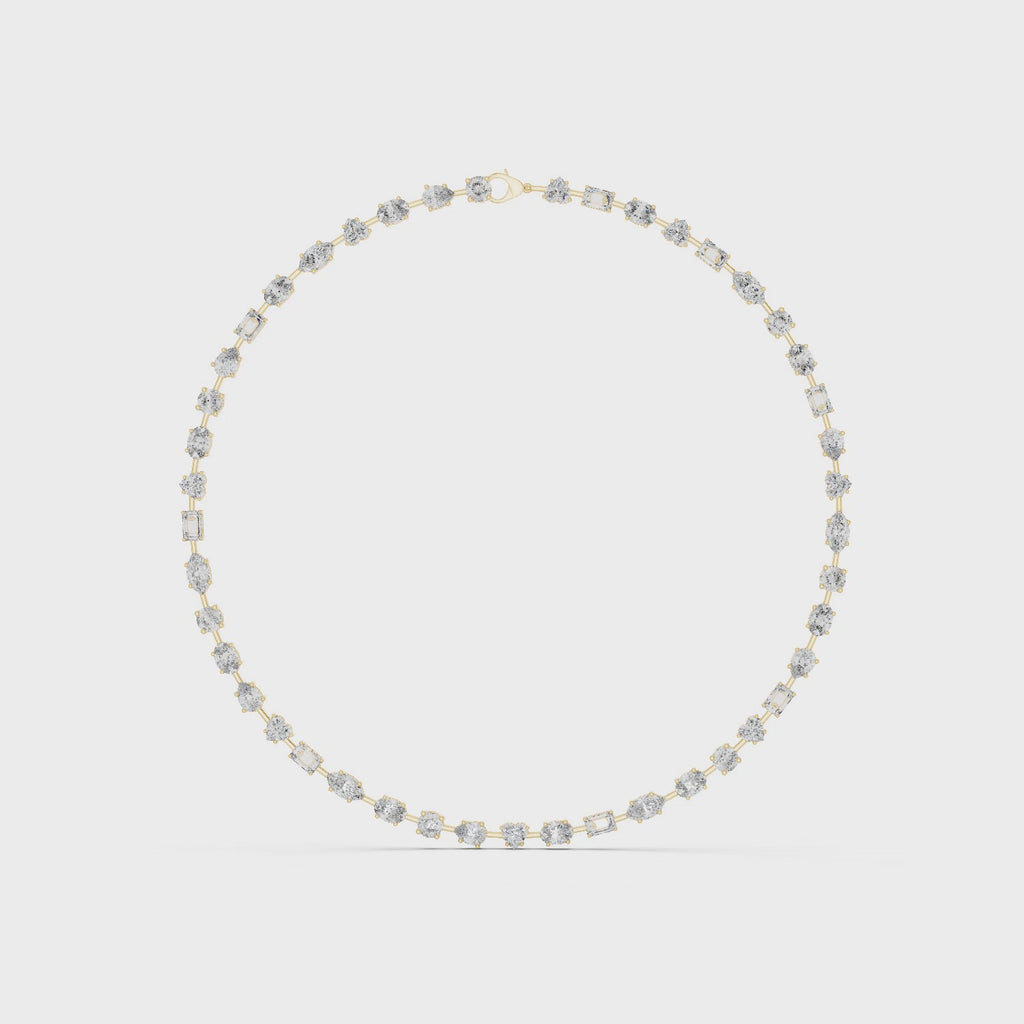 360 degree rotating video of mixed shape diamond necklace crafted in yellow gold with collet setting design