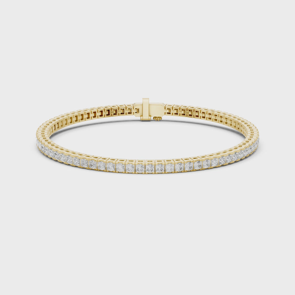 Yellow gold princess cut diamond tennis bracelet front perspective luxury jewelry