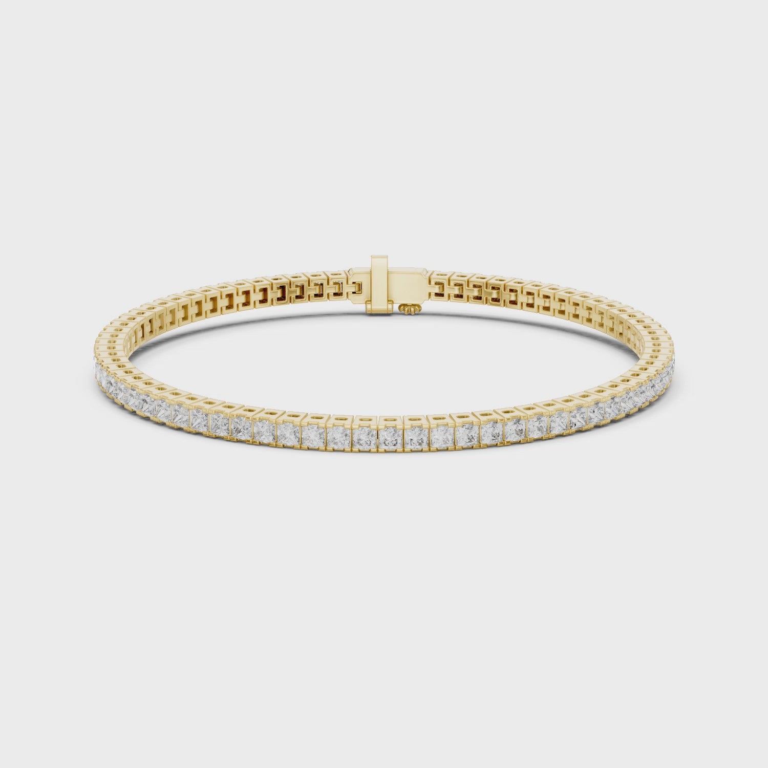 Yellow gold princess cut diamond tennis bracelet front perspective luxury jewelry