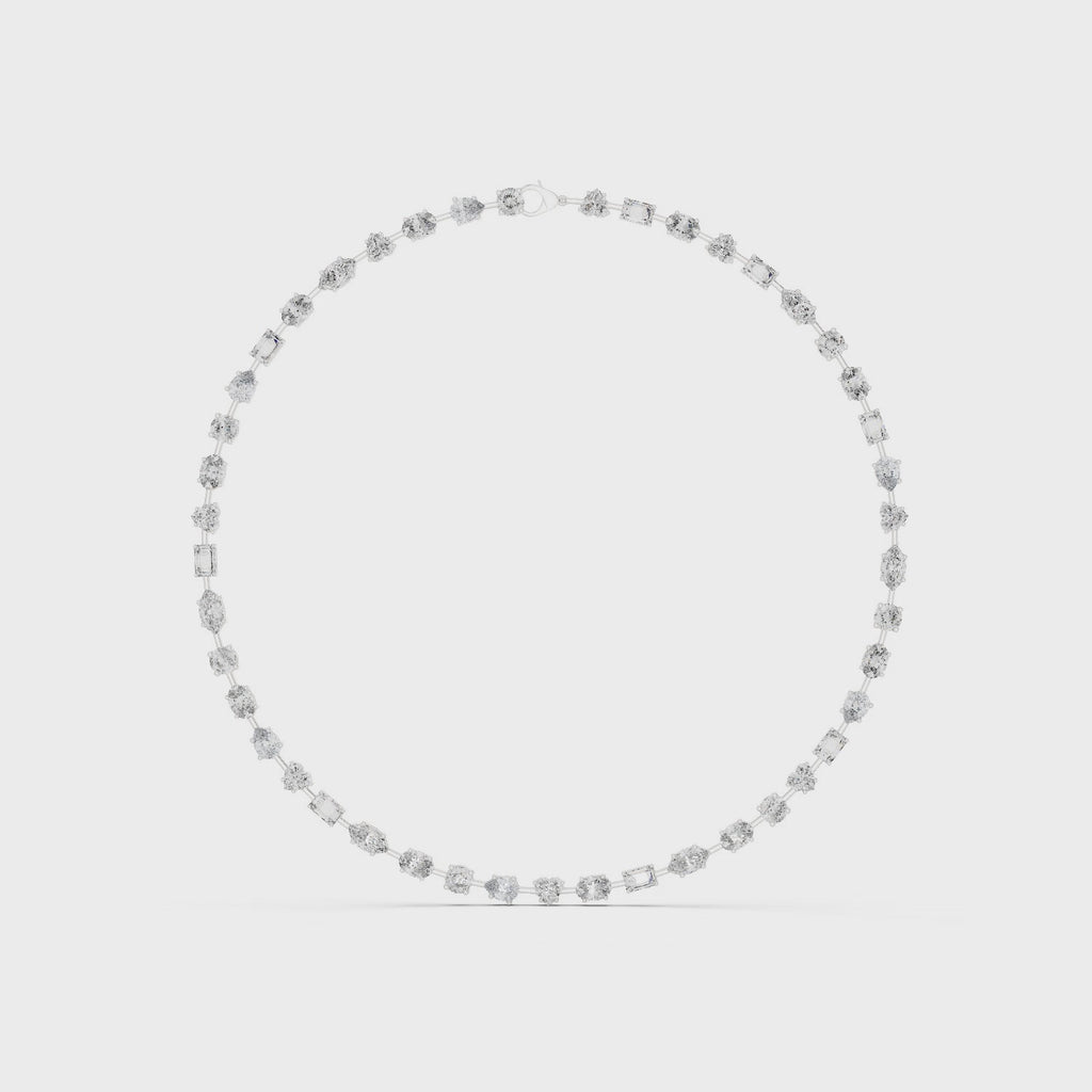 360 rotating view of multi shape diamond necklace in white gold with refined high polish finish