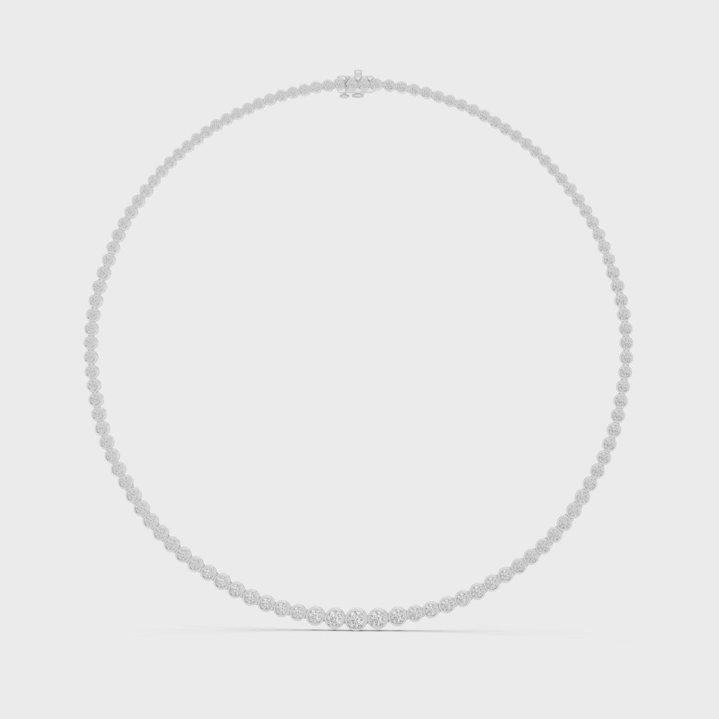 360 rotating view of graduated bezel diamond tennis necklace in polished white gold
