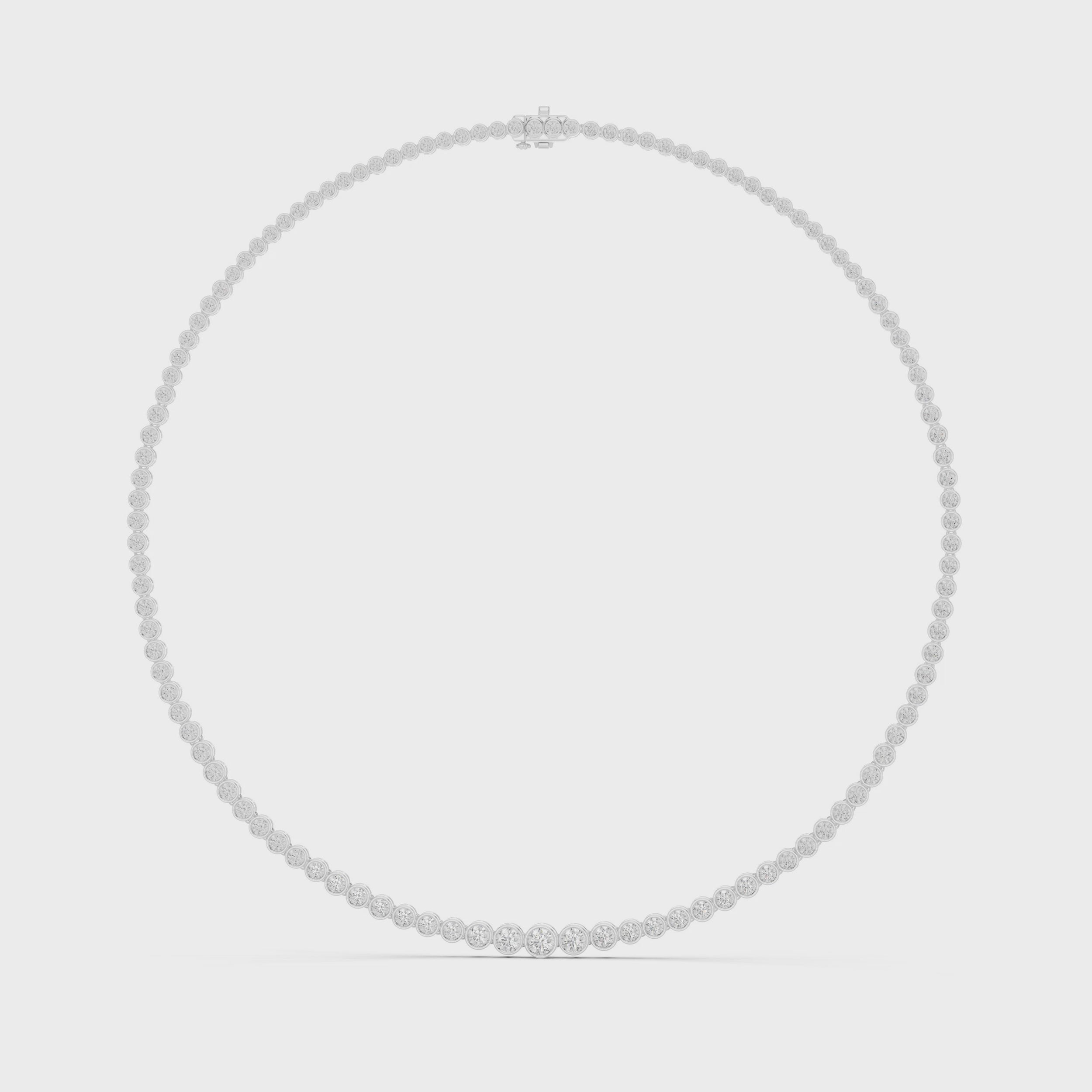 360 rotating view of graduated bezel diamond tennis necklace in polished white gold