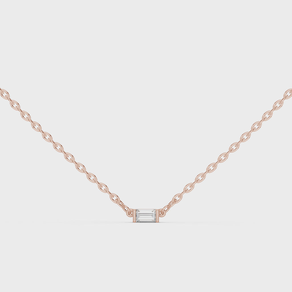 360 degree view of Linea baguette diamond pendant in rose gold showcasing modern elegance and craftsmanship