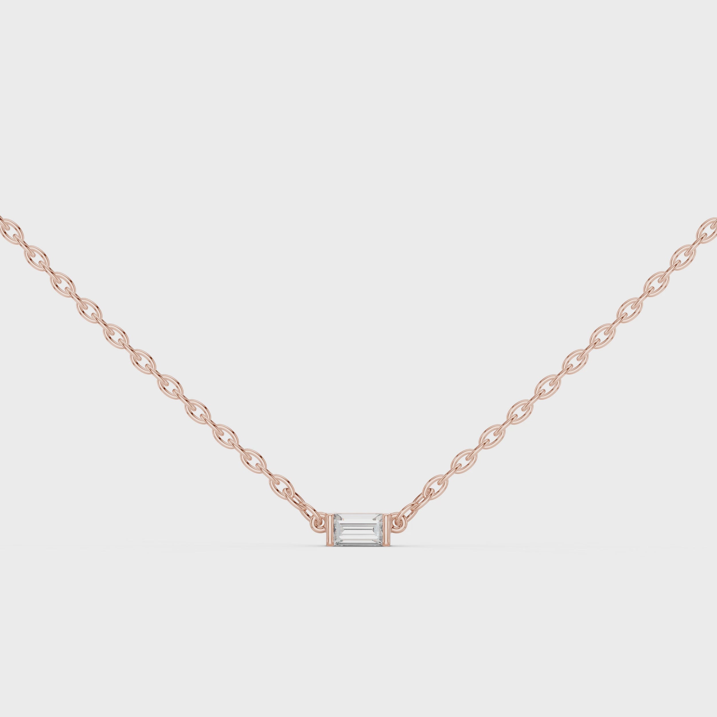 360 degree view of Linea baguette diamond pendant in rose gold showcasing modern elegance and craftsmanship