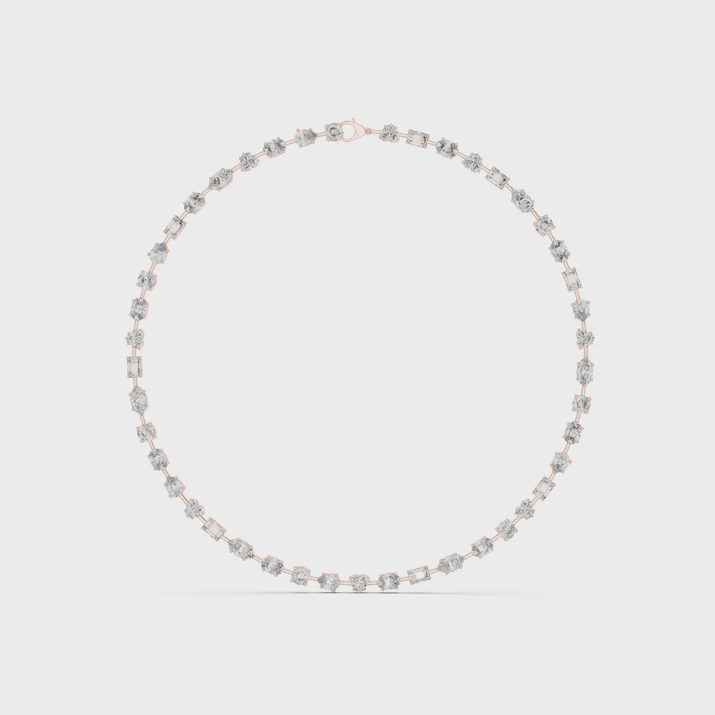 360 degree rotating video of mixed shape diamond necklace in rose gold with contemporary collet setting style