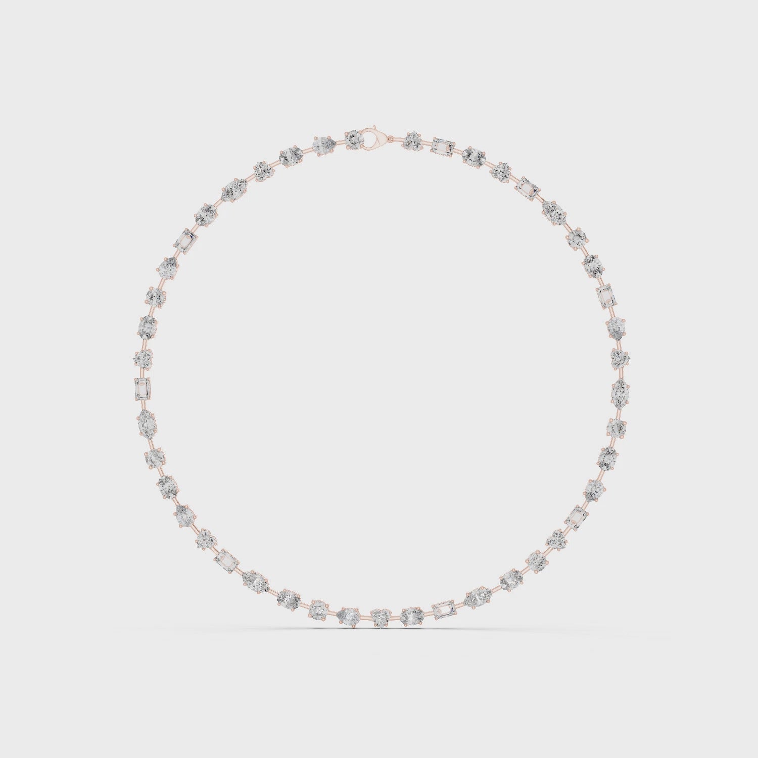 360 degree rotating video of mixed shape diamond necklace in rose gold with contemporary collet setting style